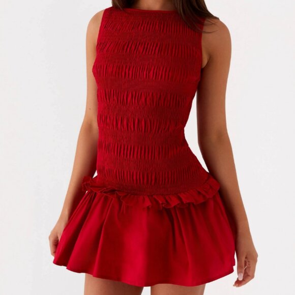 Peppermayo Exclusive - Garden Kisses Shirred Mini Dress Red - Picture 2 of 5